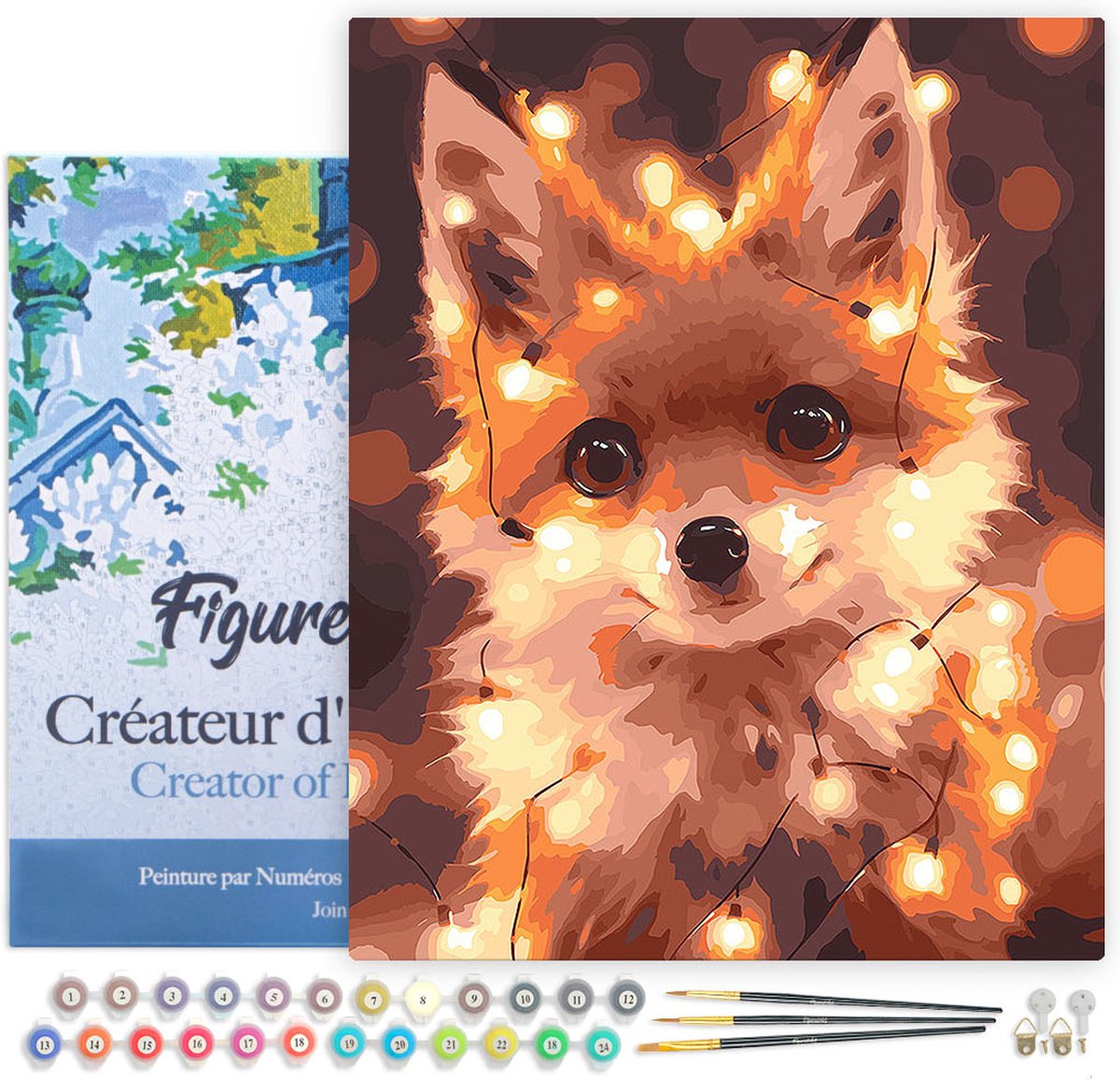 FiguredArt Schilderen op Nummer Volwassenen met lijst Kleine Vos met Lichtbollen - Handwerk acrylverf Kit DIY Compleet - 40x50cm Canvas al ingelijst